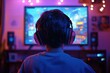 © LimeSky - Teenage gamer wearing headphones plays video game on large screen TV with joystick Online gaming with friends winning prizes Fun entertainment in neon lighting