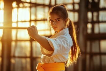 Teenage girl in karate class stretching in morning light Martial arts training for kids Space for text