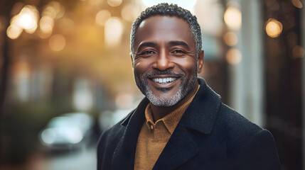 Poster - A smiling man in a coat, outdoors during autumn.