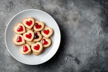 Sticker - Valentine s Day spicy shortbread cookies with heart shaped jam on white plate flat lay