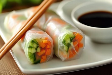 Sticker - Vegan spring rolls with vegetables soy sauce chopsticks healthy Asian snack