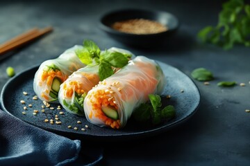 Sticker - Vegetable spring rolls on blue cloth background dark tone still life image