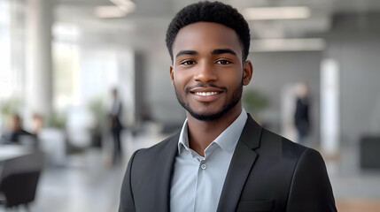 Poster - A smiling man in a suit in a modern office setting.