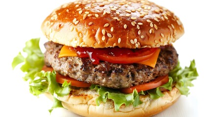 Wall Mural - Juicy hamburger on white background. 