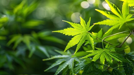 2. Detailed view of Japanese maple leaves in early summer, with the fresh green foliage bathed in soft sunlight, creating a serene and refreshing seasonal scene