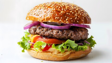 Wall Mural - Juicy hamburger on white background. 