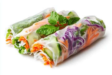 Canvas Print - Vegetarian spring rolls with peanut sauce vegetables and rice noodles Vegan white background