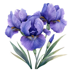 Wall Mural - A bouquet of vibrant isolated on transparency PNG background, purple irises with detailed petals and green leaves, ideal for botanical illustrations, floral designs, nature-themed projects