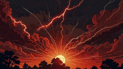 Wall Mural - Electrifying red fury vintage comic style lightning strikes. Generative Ai.