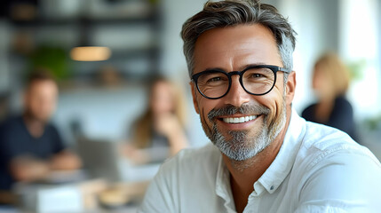 Poster - A smiling man in glasses in a modern office setting, exuding confidence and approachability.