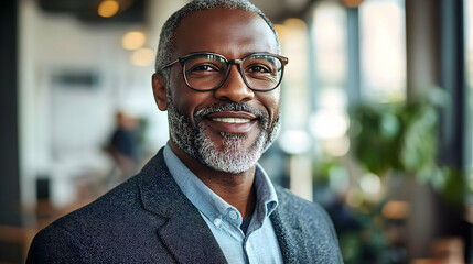 Sticker - A smiling man in glasses, dressed in a blazer, in a modern setting.