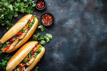 Poster - Vietnamese banh mi sandwich top view flat lay with copy space and selective focus