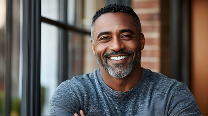 Poster - A smiling man with a gray beard poses warmly indoors.