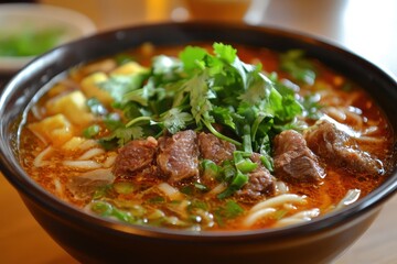 Vietnamese noodle soup with spicy meat