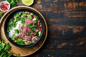 Sticker - Vietnamese Pho Bo soup with beef on bamboo tray and wooden background