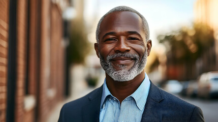 Canvas Print - A smiling older man in a suit stands outdoors, conveying confidence and warmth.