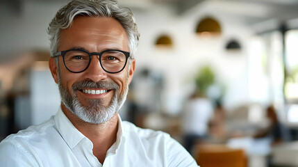 Poster - A smiling older man with glasses in a modern, casual setting.