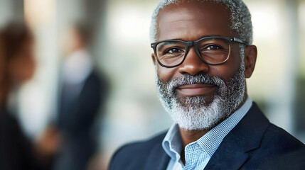 Poster - A smiling older man with glasses in a professional setting.