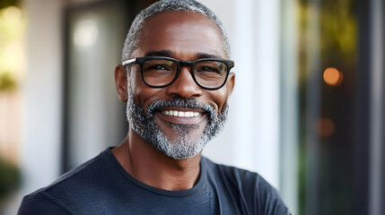 Wall Mural - A smiling older man with glasses, showcasing a warm and friendly demeanor.