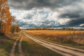 Vintage autumn countryside scene with dirt road and cloudy sky