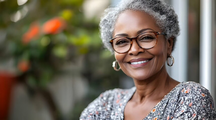 Poster - A smiling older woman with gray hair and glasses in a relaxed setting.