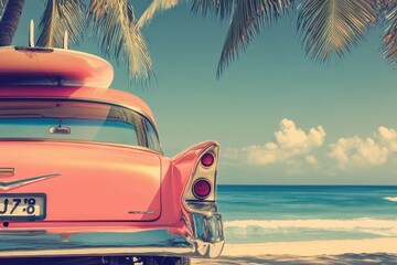 Wall Mural - Vintage car parked on tropical beach with surfboard on roof Summer vacation with retro vibes