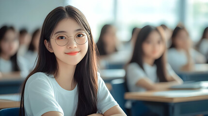 Wall Mural - A smiling student in a classroom with peers in the background.