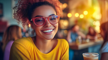 Wall Mural - A smiling woman in glasses enjoys a drink in a lively café.