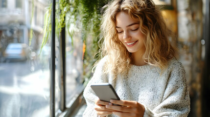 Wall Mural - A smiling woman using her phone in a cozy café setting.