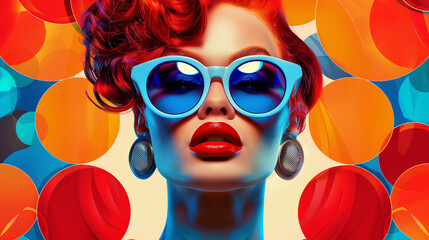 Wall Mural - modern painting in pop art style of young beautiful woman in blue sunglasses and red hair on bright 