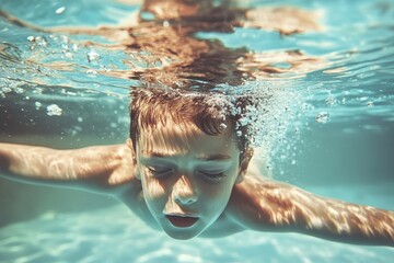 Young boy struggling to stay safe in pool