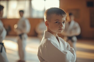 Wall Mural - Young boys in white kimono practicing indoor judo and jiu jitsu at a kids sports club Teaching martial arts combat sports and sports education to children as a hobby