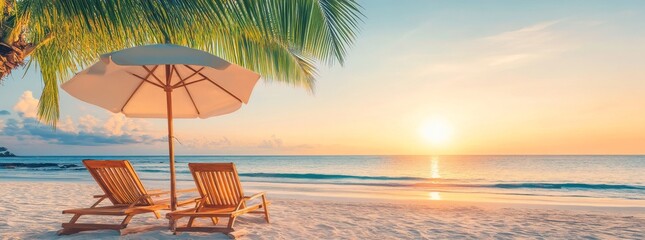 Two Beach Chairs and an Umbrella on White Sand at Tropical Seashore During Sunset, Under a Palm Tree, Wide-Format Banner with Copy Space for Vacation Concept