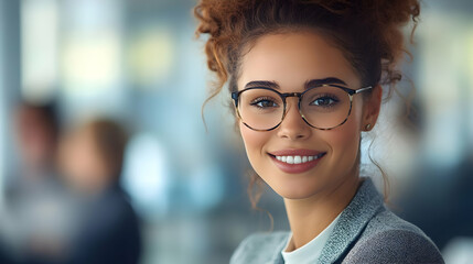 Wall Mural - A smiling woman with curly hair and glasses in a professional setting.