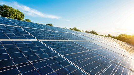 a modern solar panel array installed on a rooftop with clear blue skies.