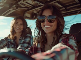 Happy young woman having fun with friend while off roading