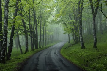 High resolution forest panorama with fog on road in green forest