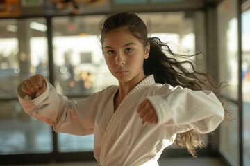 Hispanic girl training in martial arts studio