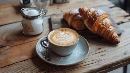 A cappuccino on a rustic wooden table with a beautiful latte art design, accompanied by a croissant and sugar jar