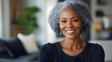 Poster - A smiling woman with gray hair in a cozy indoor setting.