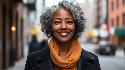 Sticker - A smiling woman with gray hair in an urban setting.