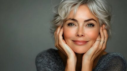 Poster - A smiling woman with gray hair, showcasing beauty and confidence.