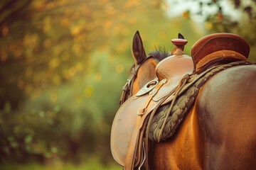 Horse saddle outdoors with green background