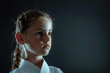 Wall Mural - Little girl doing karate pose with dark background promoting sport education and healthy lifestyle