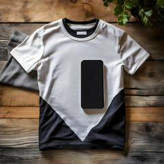 t shirt.a blank black and white unisex t-shirt neatly laid out on a rustic wooden background. Place an empty screen smartphone between them to serve as a design template, with soft natural lighting hi