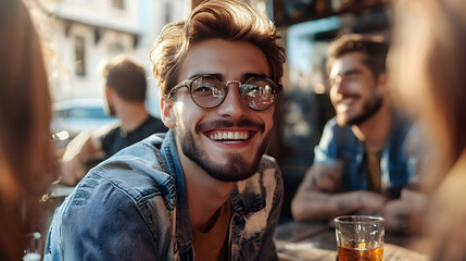 Wall Mural - A smiling young man in glasses enjoying drinks with friends.