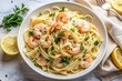 © Arethaawykoff - Intimate overhead shot of milk-based shrimp pasta, garnished with parsley and lemon zest, soft creamy whites, and warm beige tones, evoking a cozy beach house vibe.