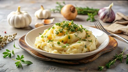 soft golden light highlights the creamy texture of roasted garlic vegan mashed potatoes, garnished with fresh thyme, on elegant white ceramic plate