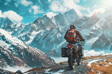 Motorcycle traveler with suitcases on extreme road path with snow capped mountains in the background