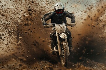 Wall Mural - Motorcyclist speeding up in intense off road event with mud and obstacles